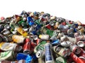 Bangkok, Thailand - June 30, 2021 Pile of aluminum beverage cans from various brands of drinks that are being recycled, isolated